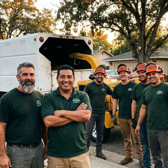 Tree service owner and crew with chip truck on a Orlando street